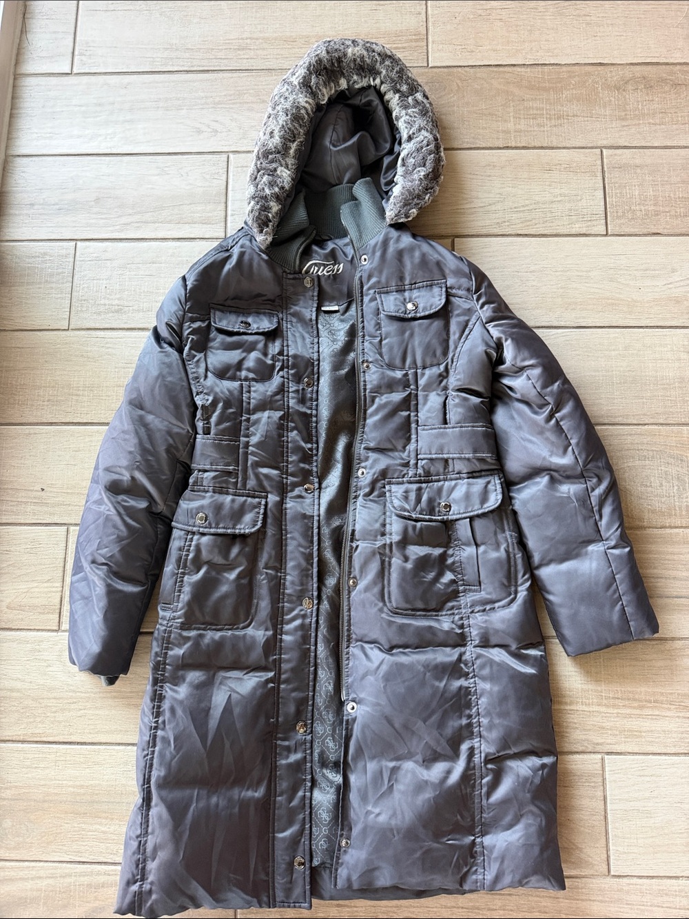 Guess Long Hooded Puffer Coat in Gray with Faux Fur Trim